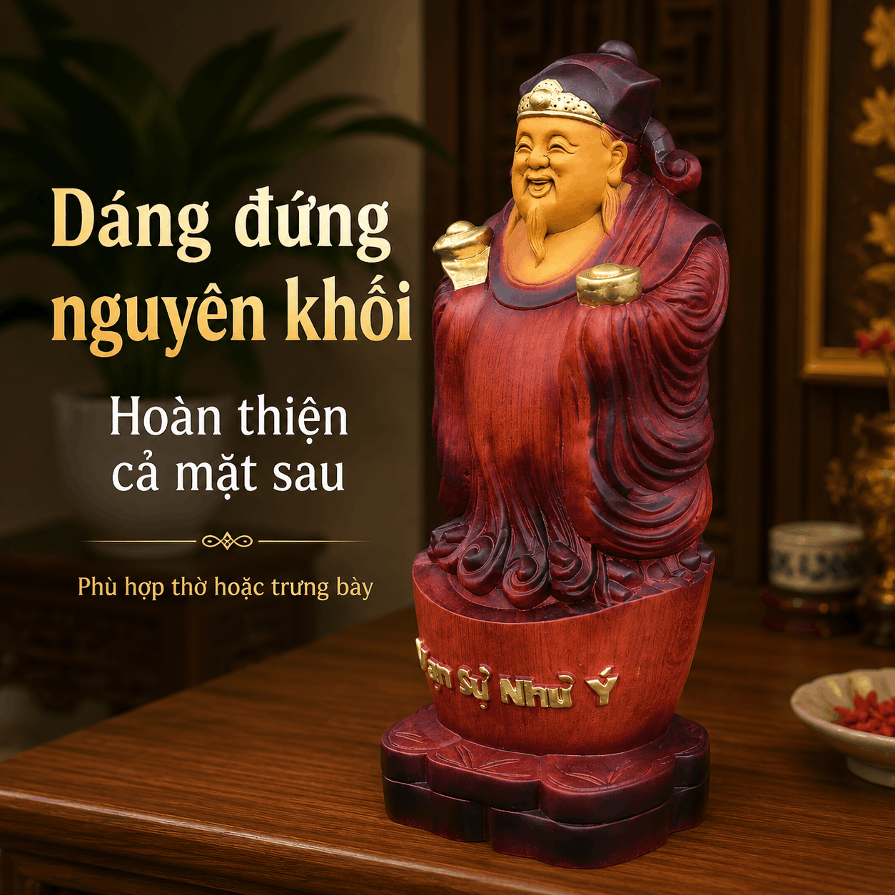 Tượng Thần Tài Gỗ Hương Nguyên Khối Cao 40 cm Phun Giả Cổ