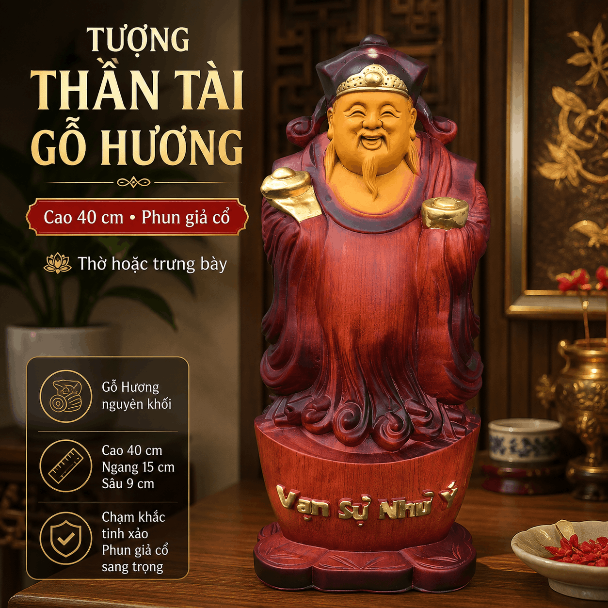 Tượng Thần Tài Gỗ Hương Nguyên Khối Cao 40 cm Phun Giả Cổ