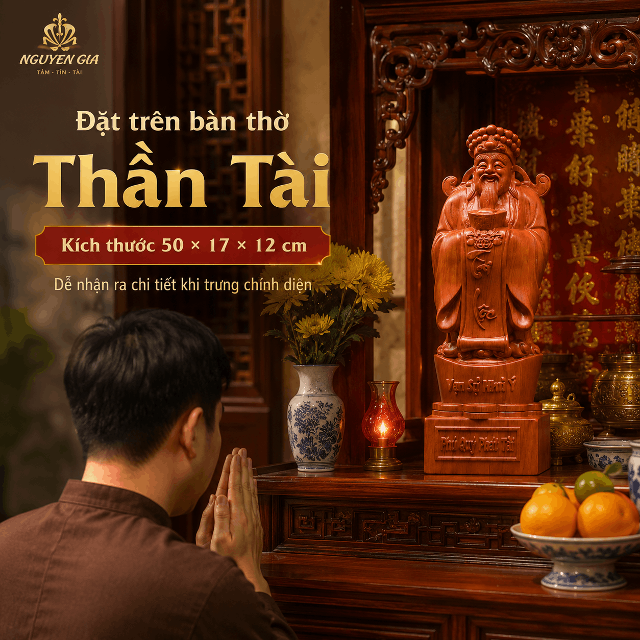 Tượng Thần Tài Gỗ Hương Nguyên Khối Cao 50 cm – Nâng Đĩnh Vàng