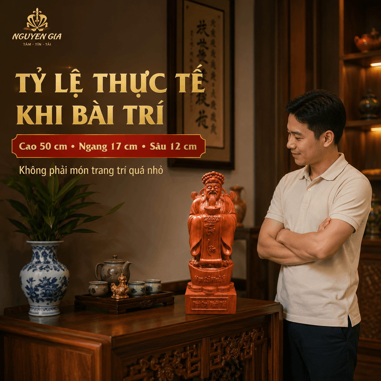 Tượng Thần Tài Gỗ Hương Nguyên Khối Cao 50 cm – Nâng Đĩnh Vàng