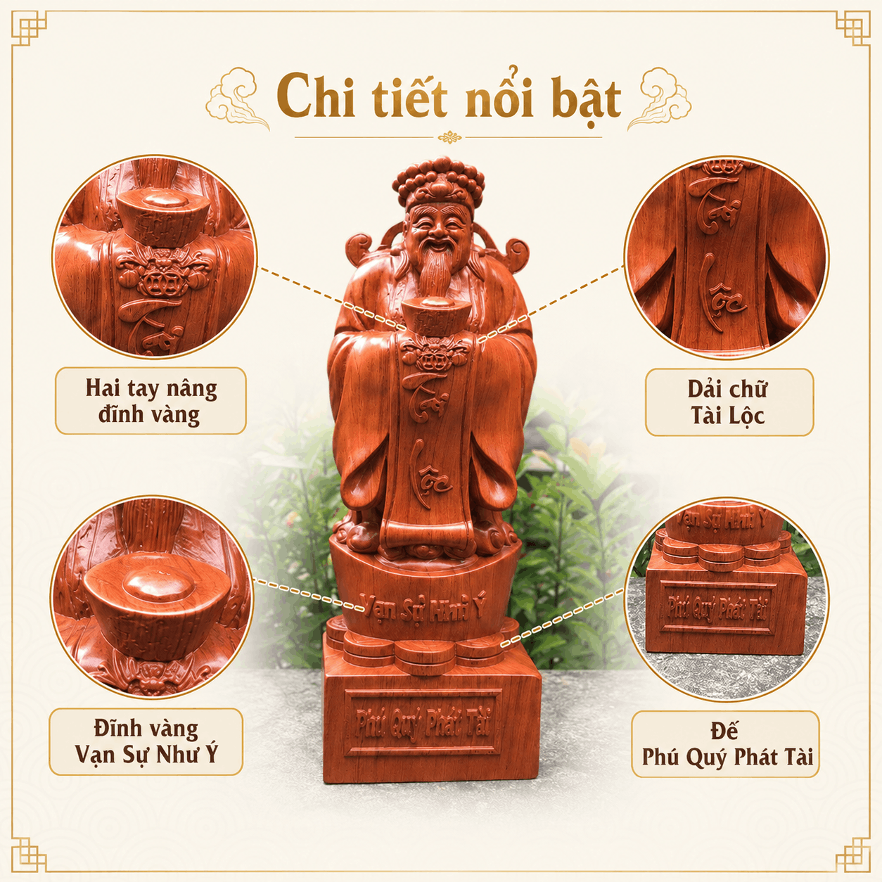 Tượng Thần Tài Gỗ Hương Nguyên Khối Cao 50 cm – Nâng Đĩnh Vàng