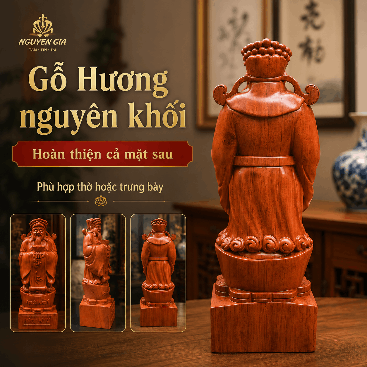 Tượng Thần Tài Gỗ Hương Nguyên Khối Cao 50 cm – Nâng Đĩnh Vàng