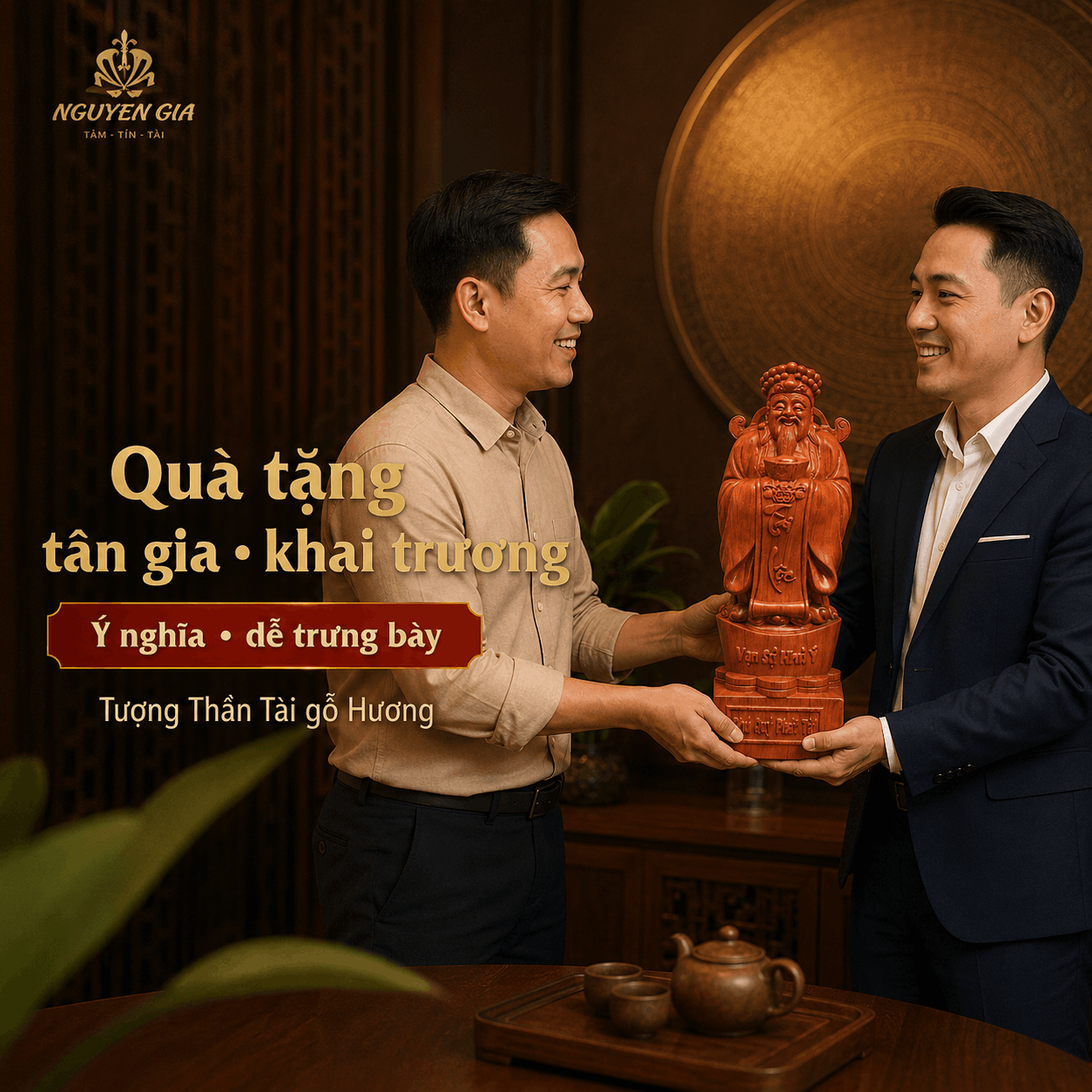 Tượng Thần Tài Gỗ Hương Nguyên Khối Cao 50 cm – Nâng Đĩnh Vàng
