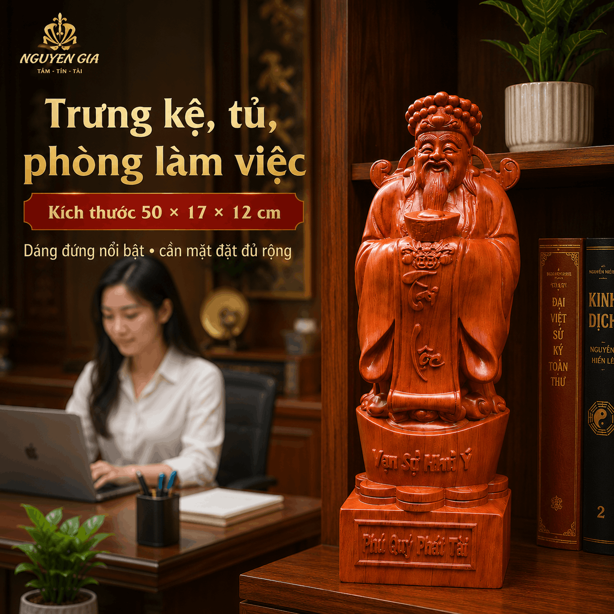 Tượng Thần Tài Gỗ Hương Nguyên Khối Cao 50 cm – Nâng Đĩnh Vàng