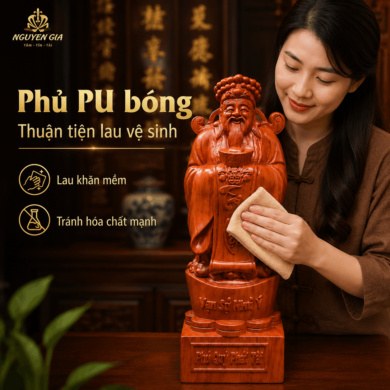 Tượng Thần Tài Gỗ Hương Nguyên Khối Cao 50 cm – Nâng Đĩnh Vàng