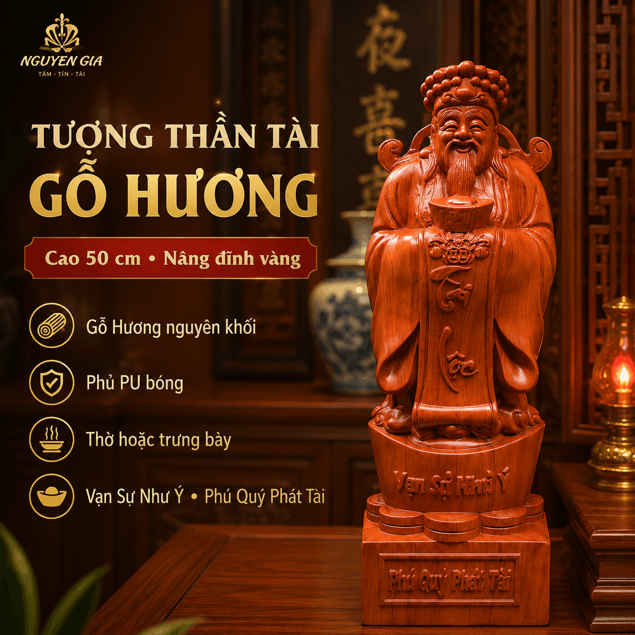 Tượng Thần Tài Gỗ Hương Nguyên Khối Cao 50 cm – Nâng Đĩnh Vàng