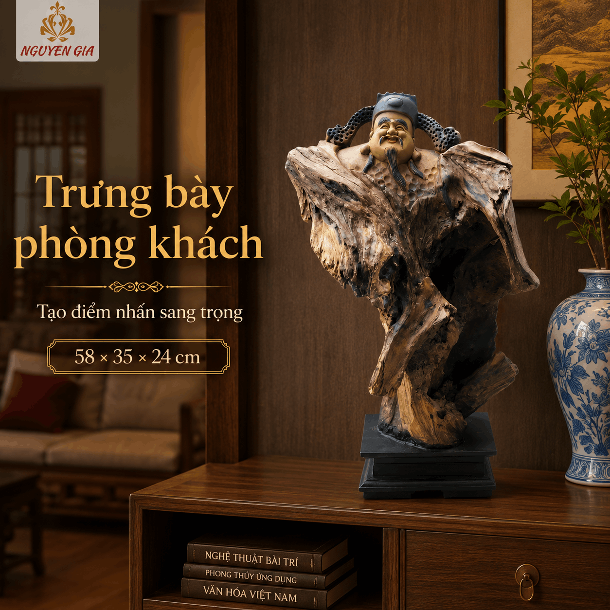 Tượng Thần Tài Gỗ Lũa Bách Xanh Độc Bản Cao 58 cm