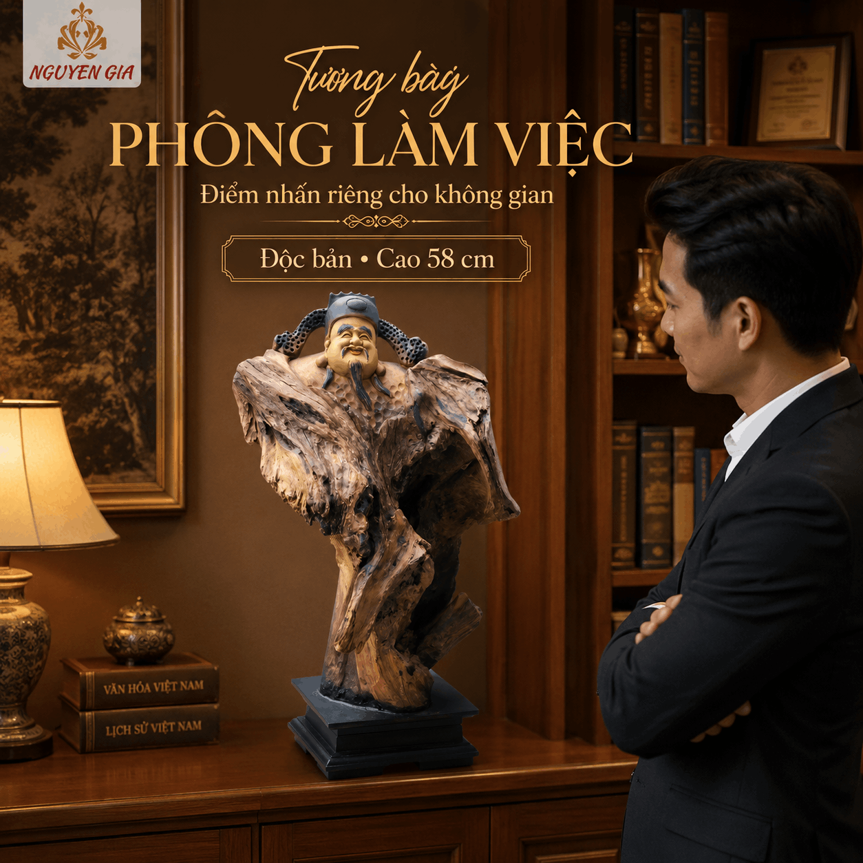 Tượng Thần Tài Gỗ Lũa Bách Xanh Độc Bản Cao 58 cm