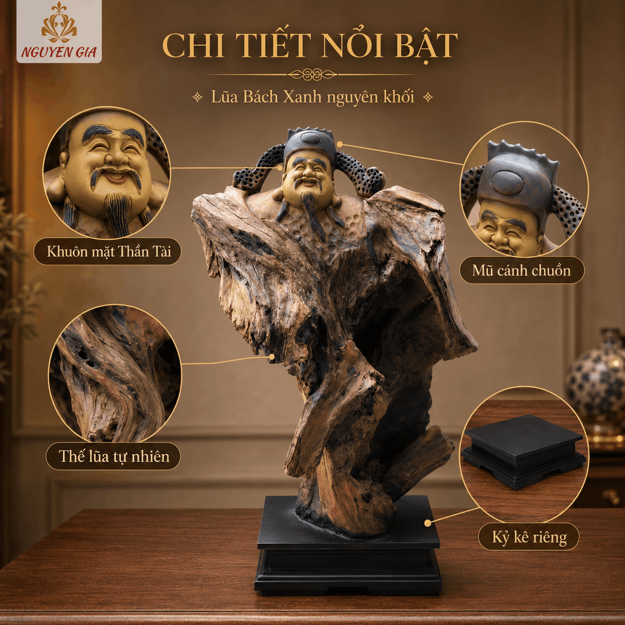 Tượng Thần Tài Gỗ Lũa Bách Xanh Độc Bản Cao 58 cm