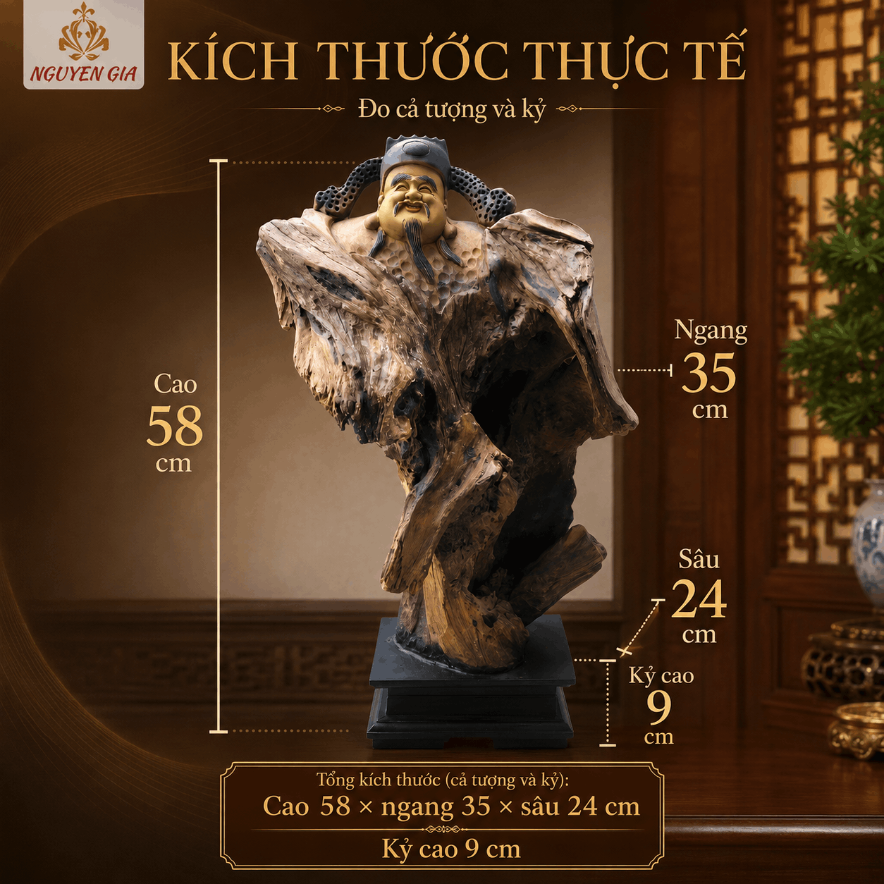 Tượng Thần Tài Gỗ Lũa Bách Xanh Độc Bản Cao 58 cm