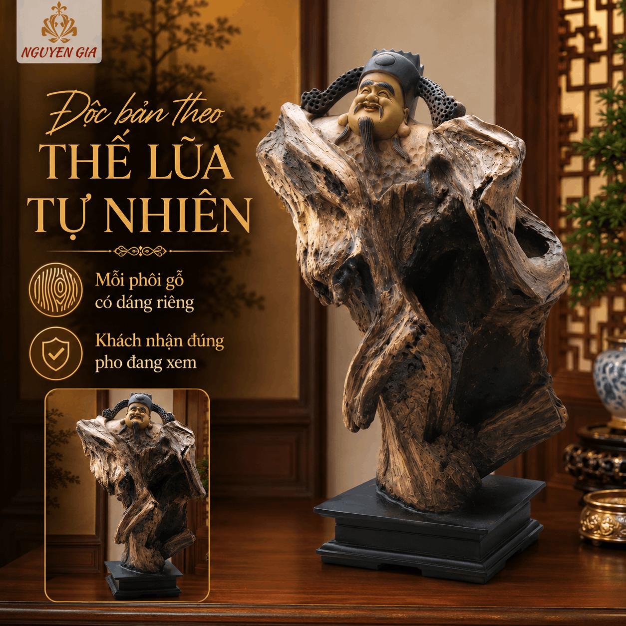 Tượng Thần Tài Gỗ Lũa Bách Xanh Độc Bản Cao 58 cm