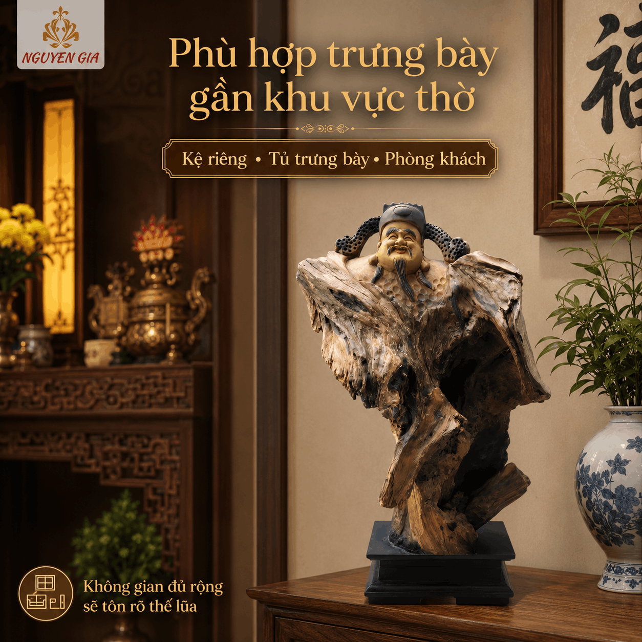 Tượng Thần Tài Gỗ Lũa Bách Xanh Độc Bản Cao 58 cm
