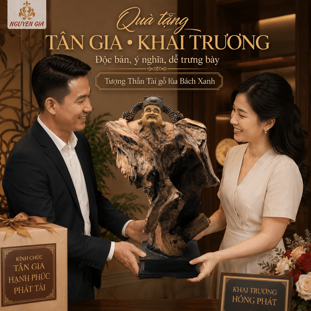 Tượng Thần Tài Gỗ Lũa Bách Xanh Độc Bản Cao 58 cm