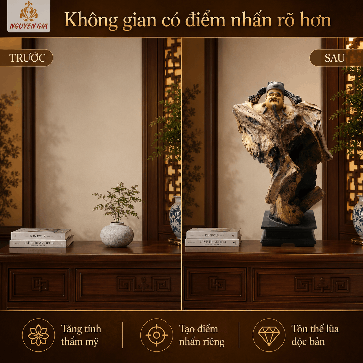 Tượng Thần Tài Gỗ Lũa Bách Xanh Độc Bản Cao 58 cm