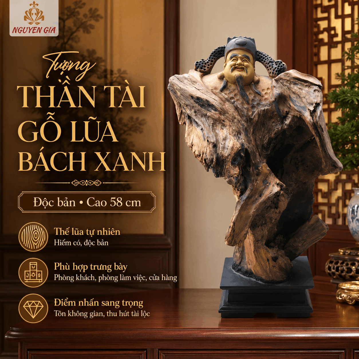 Tượng Thần Tài Gỗ Lũa Bách Xanh Độc Bản Cao 58 cm