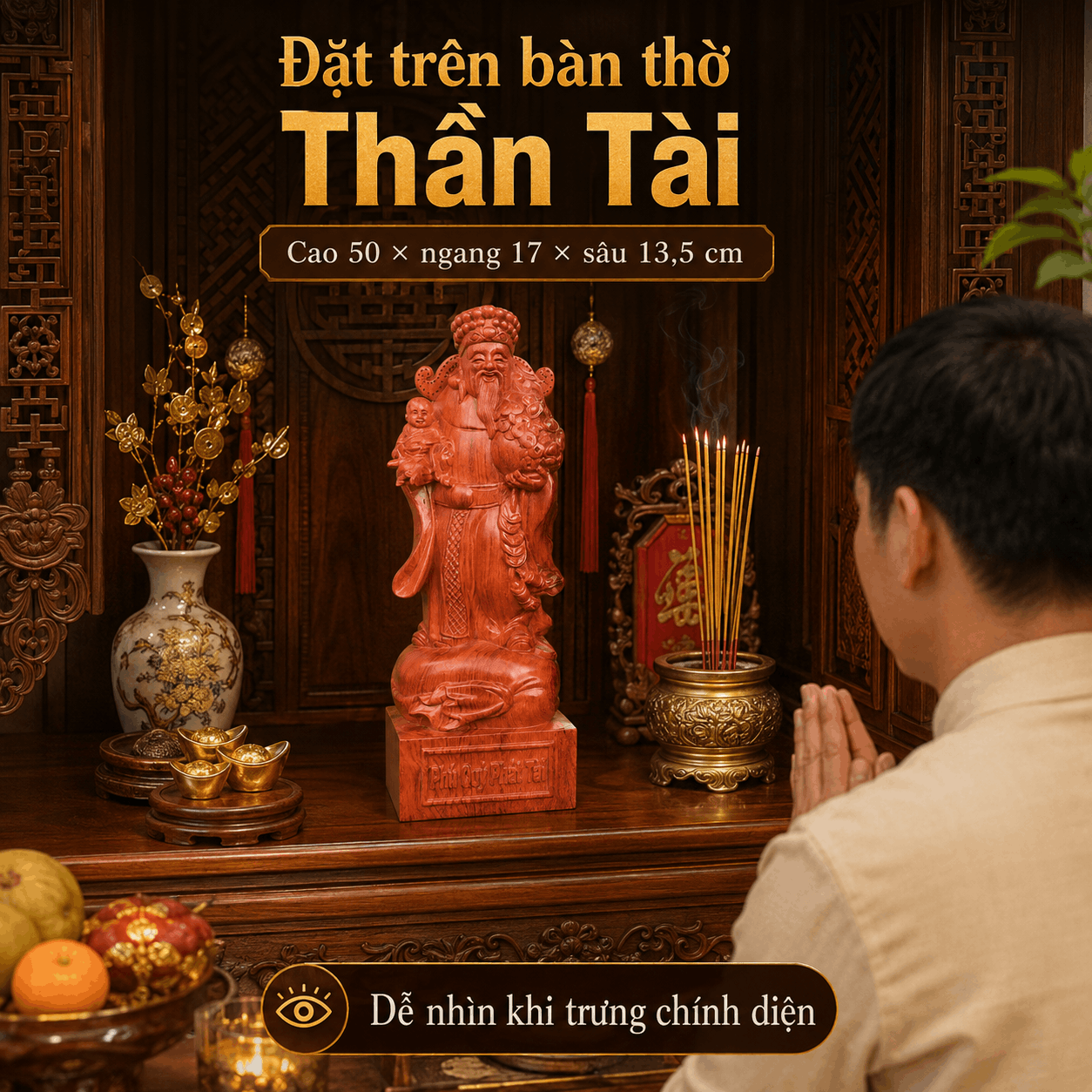 Tượng Thần Tài Nhất Phúc Gỗ Hương Nguyên Khối Cao 50 cm