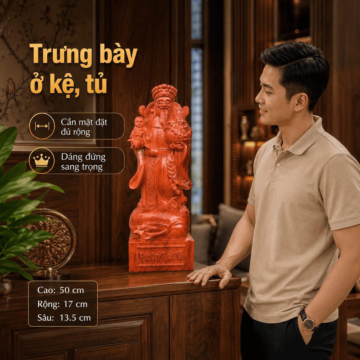 Tượng Thần Tài Nhất Phúc Gỗ Hương Nguyên Khối Cao 50 cm