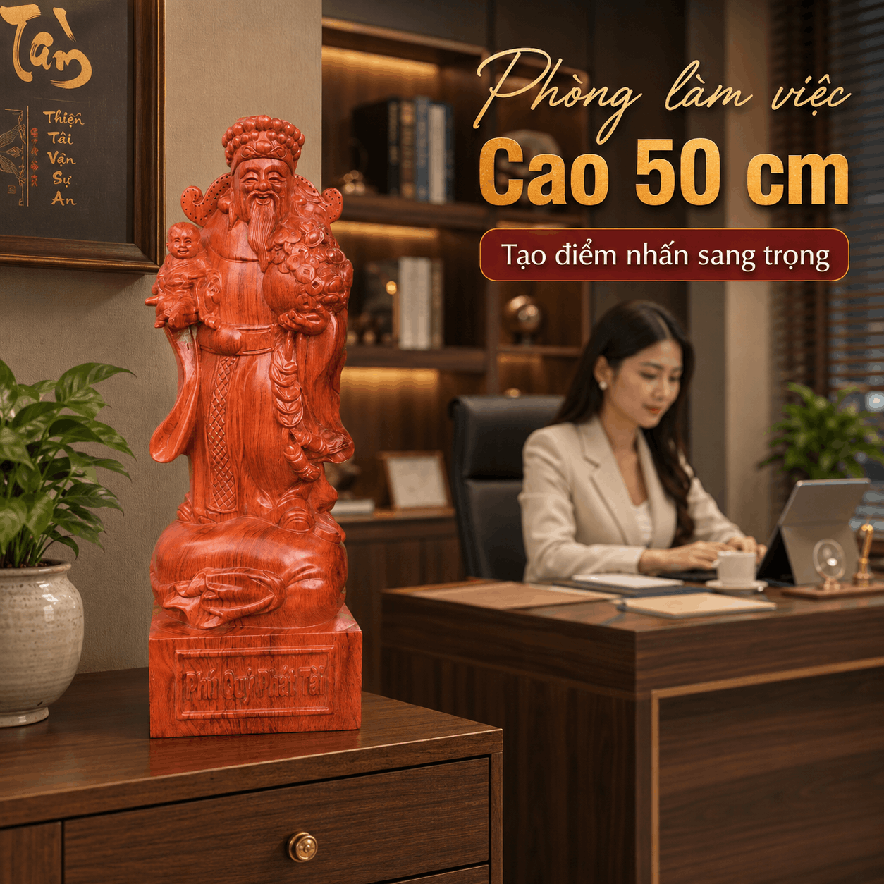 Tượng Thần Tài Nhất Phúc Gỗ Hương Nguyên Khối Cao 50 cm