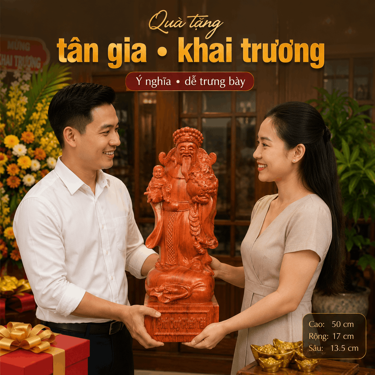 Tượng Thần Tài Nhất Phúc Gỗ Hương Nguyên Khối Cao 50 cm