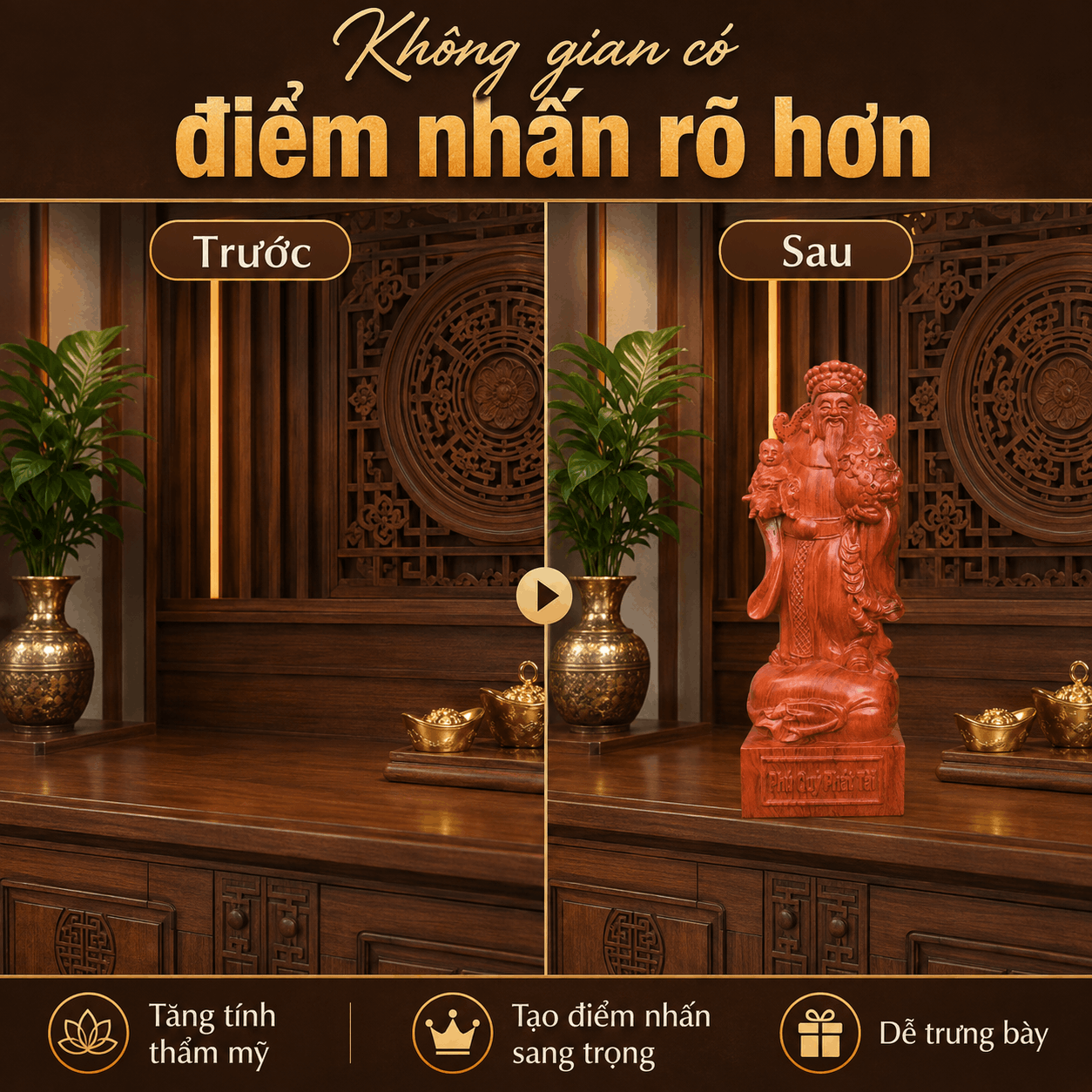 Tượng Thần Tài Nhất Phúc Gỗ Hương Nguyên Khối Cao 50 cm