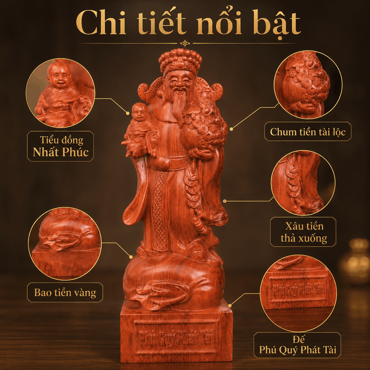 Tượng Thần Tài Nhất Phúc Gỗ Hương Nguyên Khối Cao 50 cm