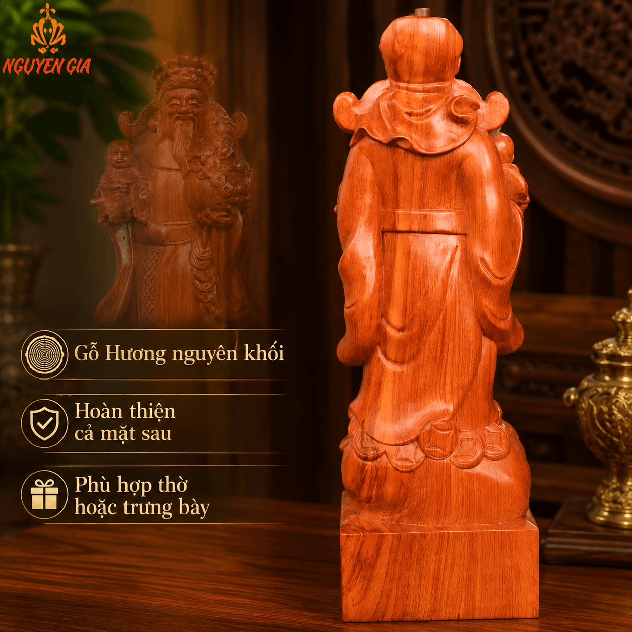 Tượng Thần Tài Nhất Phúc Gỗ Hương Nguyên Khối Cao 50 cm