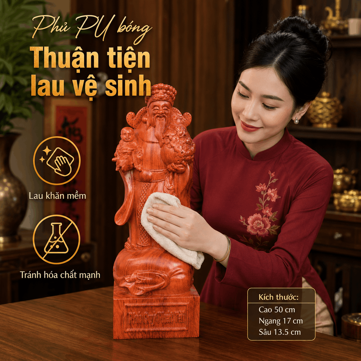 Tượng Thần Tài Nhất Phúc Gỗ Hương Nguyên Khối Cao 50 cm