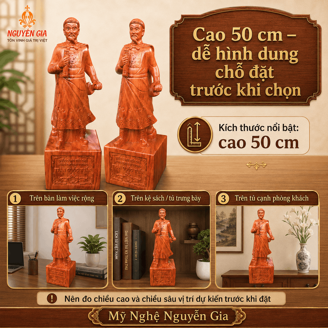 Tượng Đức Thánh Trần Hưng Đạo gỗ Hương cao 50 cm