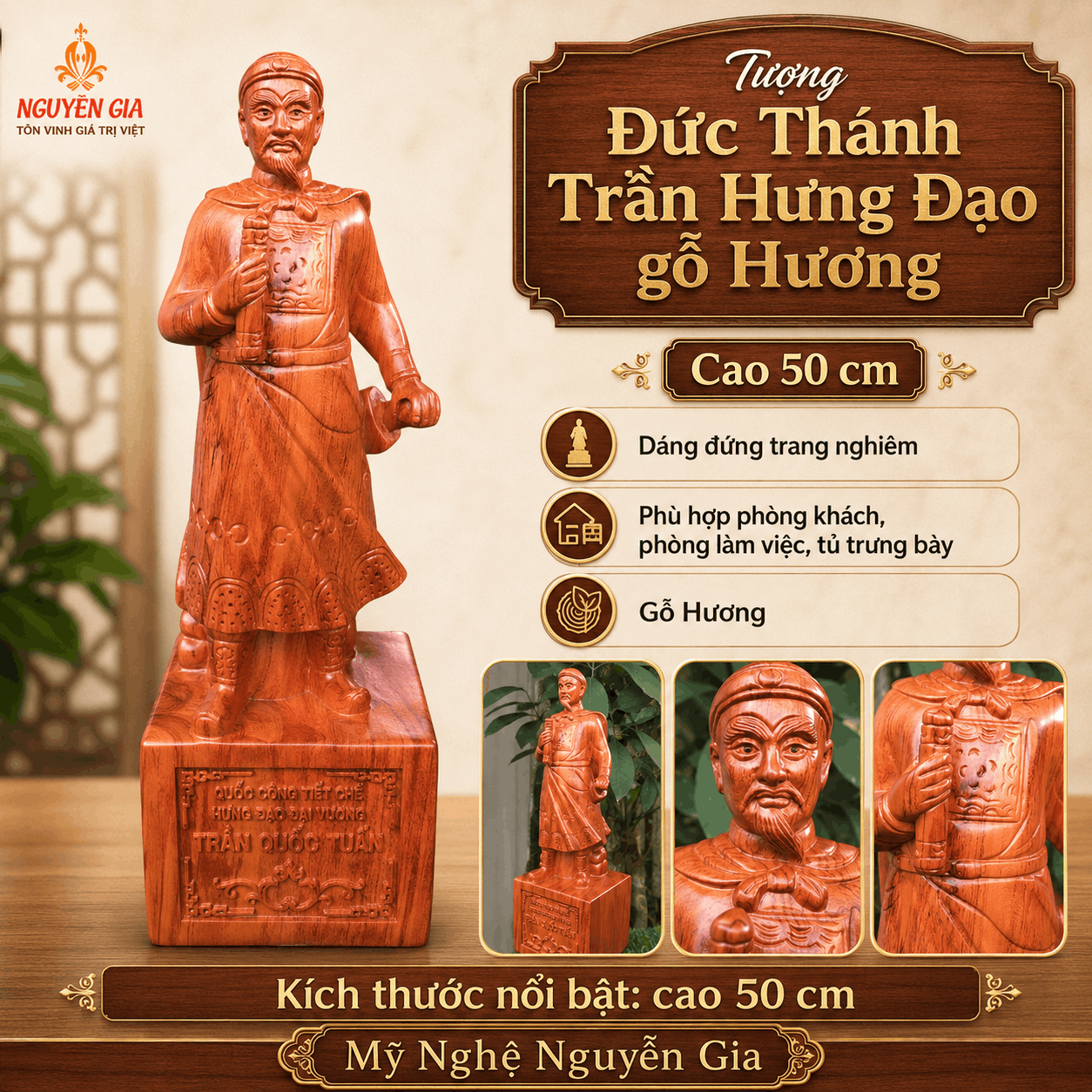 Tượng Đức Thánh Trần Hưng Đạo gỗ Hương cao 50 cm