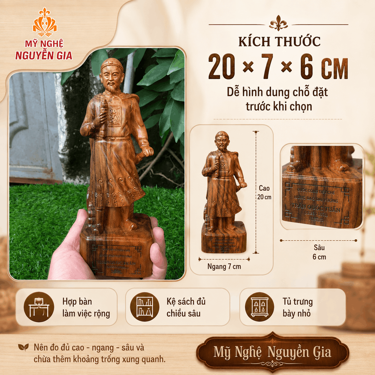 Tượng Trần Hưng Đạo gỗ Bách Vàng cao 20 cm