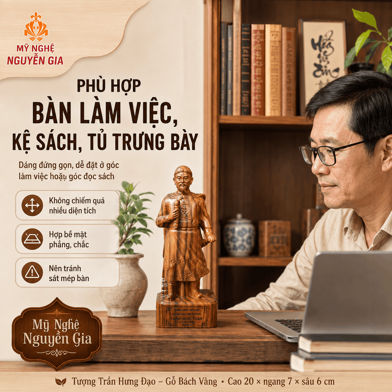 Tượng Trần Hưng Đạo gỗ Bách Vàng cao 20 cm