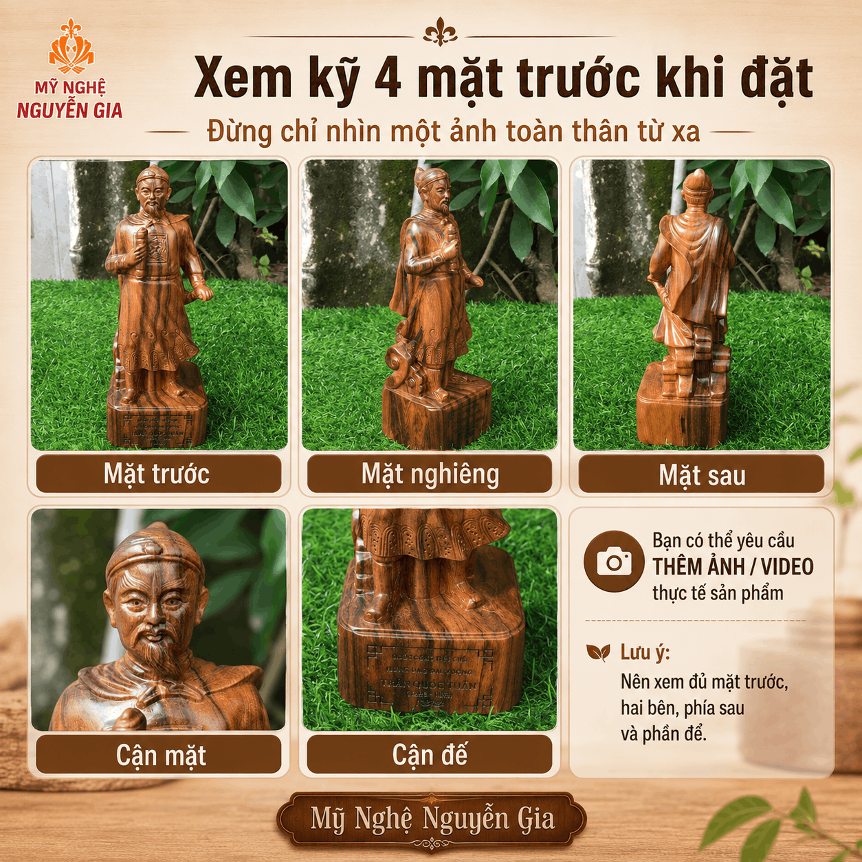 Tượng Trần Hưng Đạo gỗ Bách Vàng cao 20 cm
