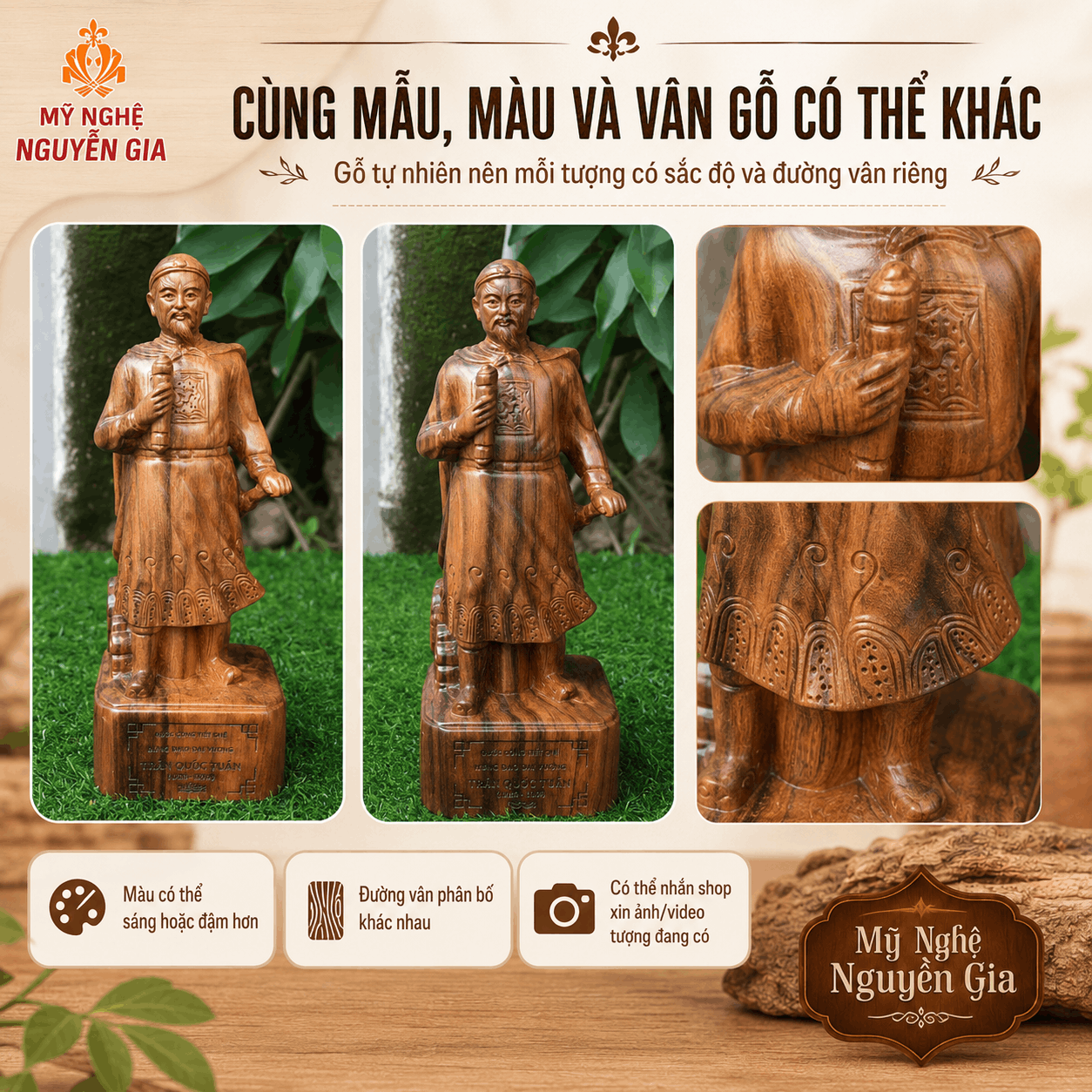 Tượng Trần Hưng Đạo gỗ Bách Vàng cao 20 cm