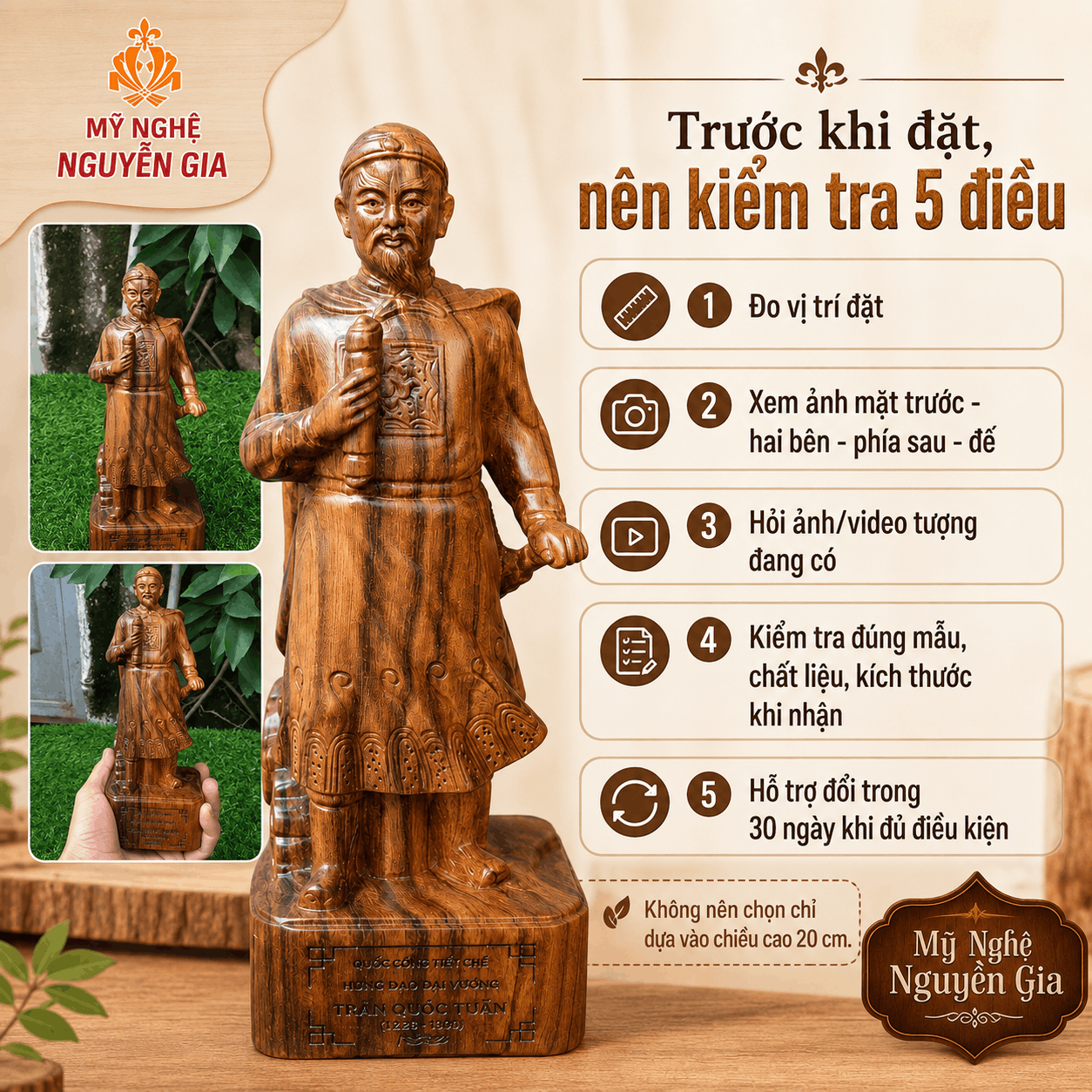 Tượng Trần Hưng Đạo gỗ Bách Vàng cao 20 cm