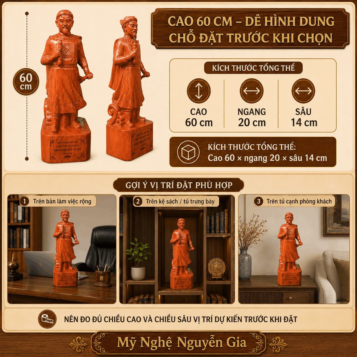 Tượng Trần Hưng Đạo gỗ Hương cao 60 cm
