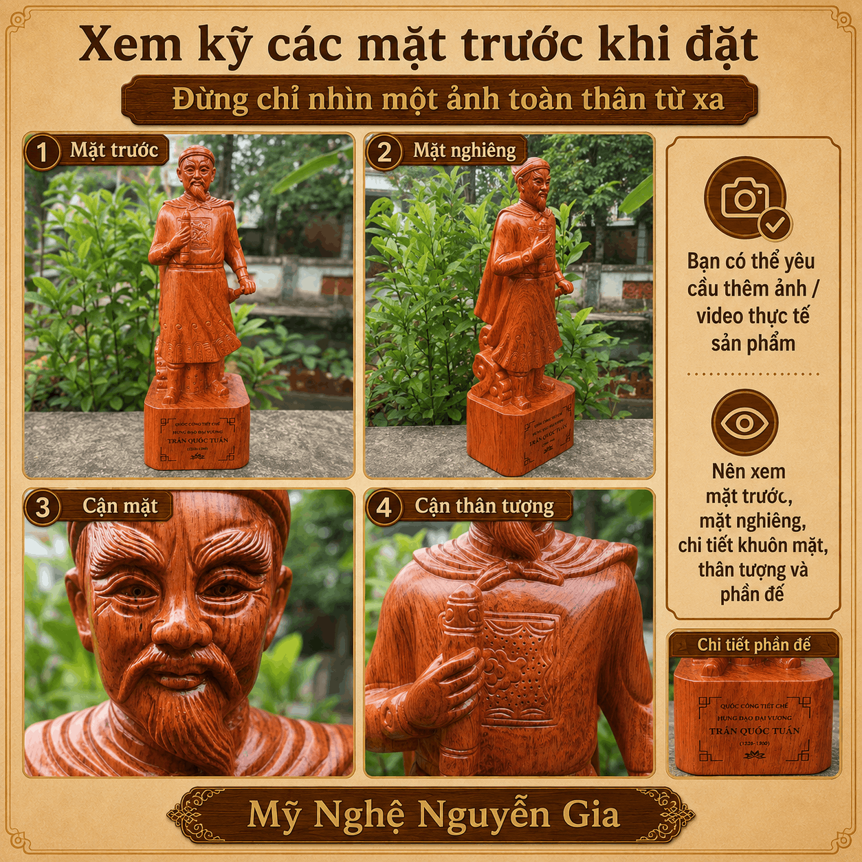 Tượng Trần Hưng Đạo gỗ Hương cao 60 cm