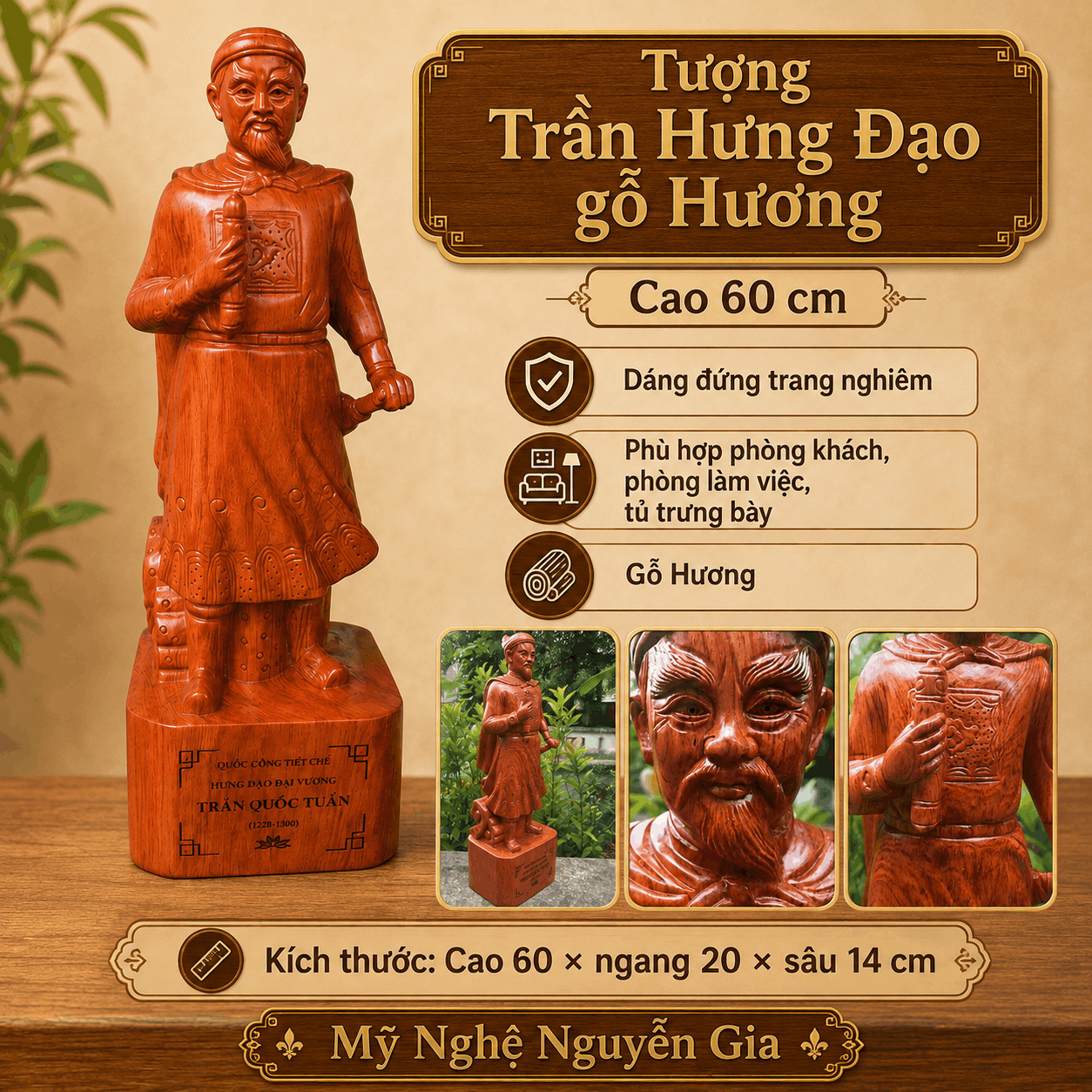 Tượng Trần Hưng Đạo gỗ Hương cao 60 cm