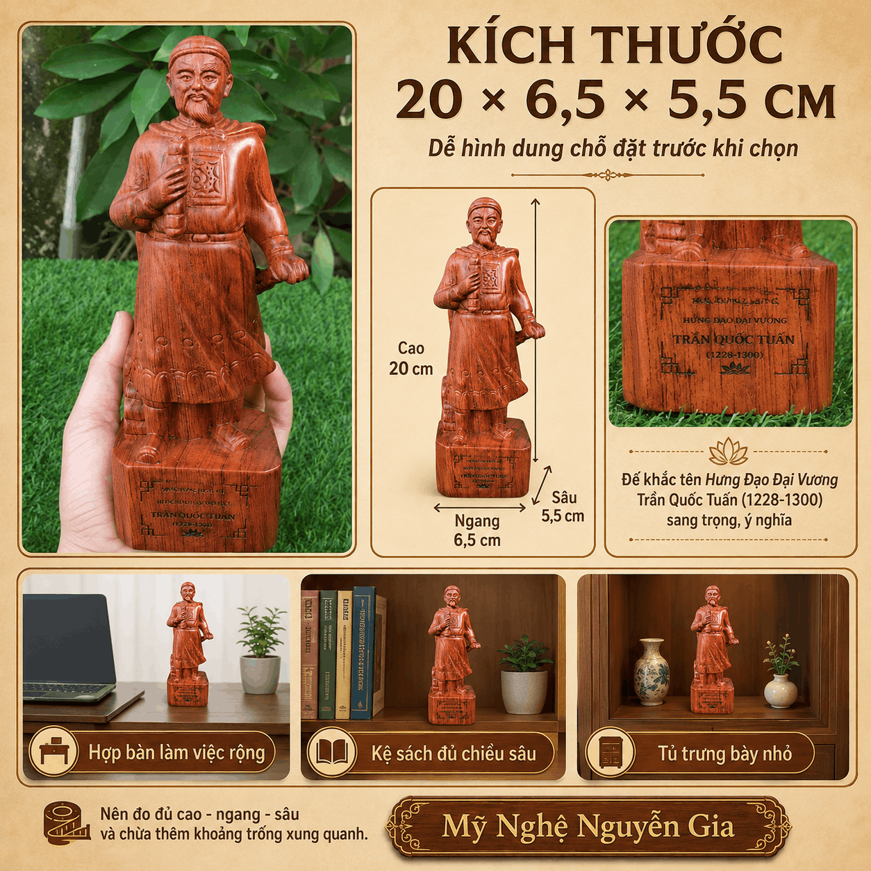 Tượng Trần Quốc Tuấn gỗ Hương cao 20 cm