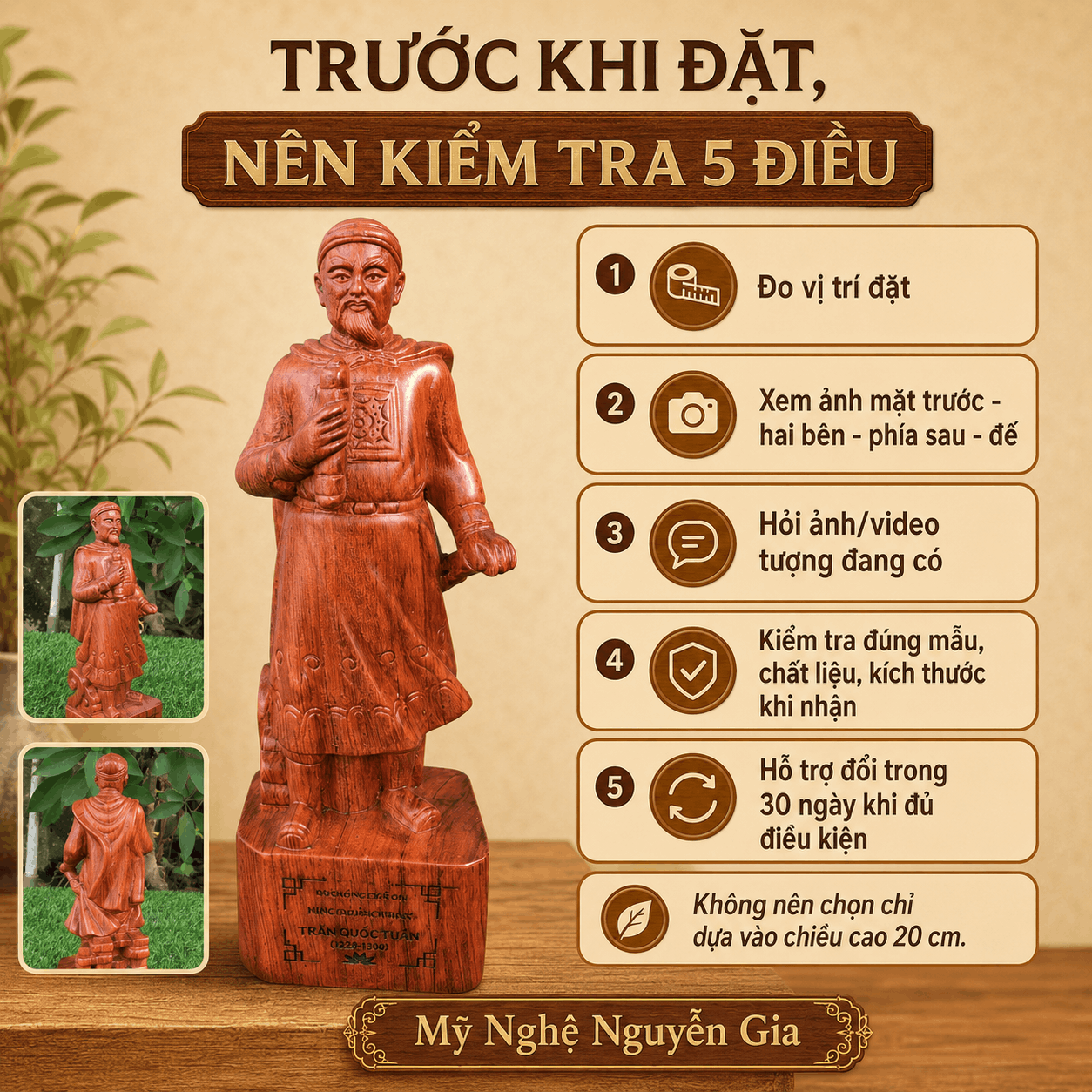 Tượng Trần Quốc Tuấn gỗ Hương cao 20 cm