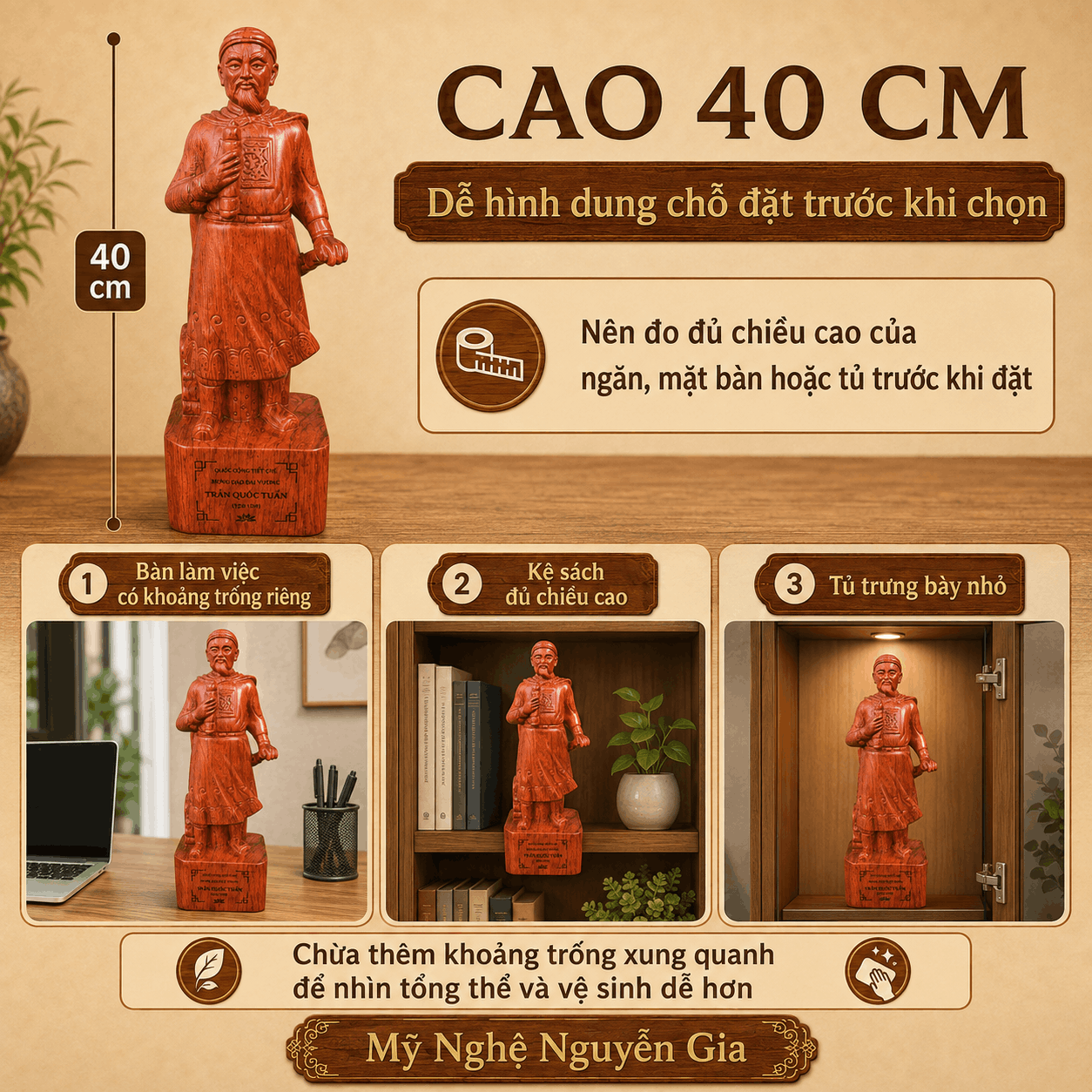 Tượng Trần Quốc Tuấn gỗ Hương cao 40 cm