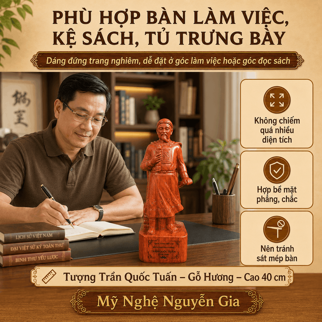 Tượng Trần Quốc Tuấn gỗ Hương cao 40 cm