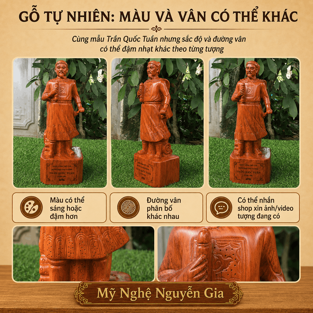 Tượng Trần Quốc Tuấn gỗ Hương cao 40 cm