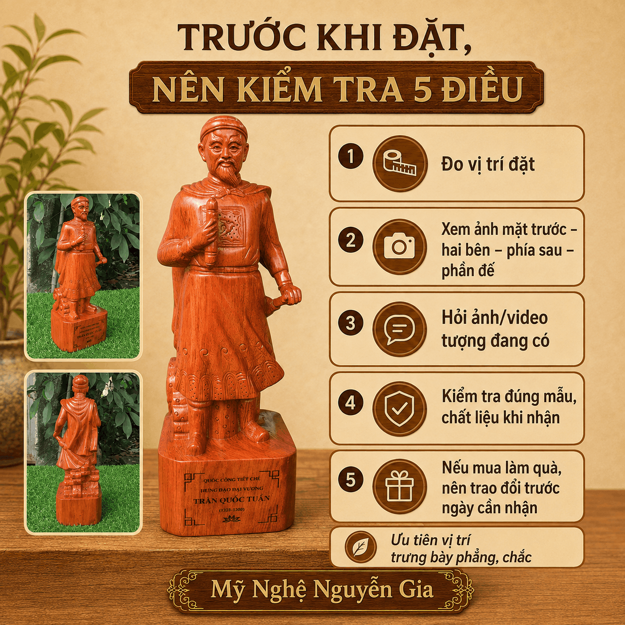 Tượng Trần Quốc Tuấn gỗ Hương cao 40 cm