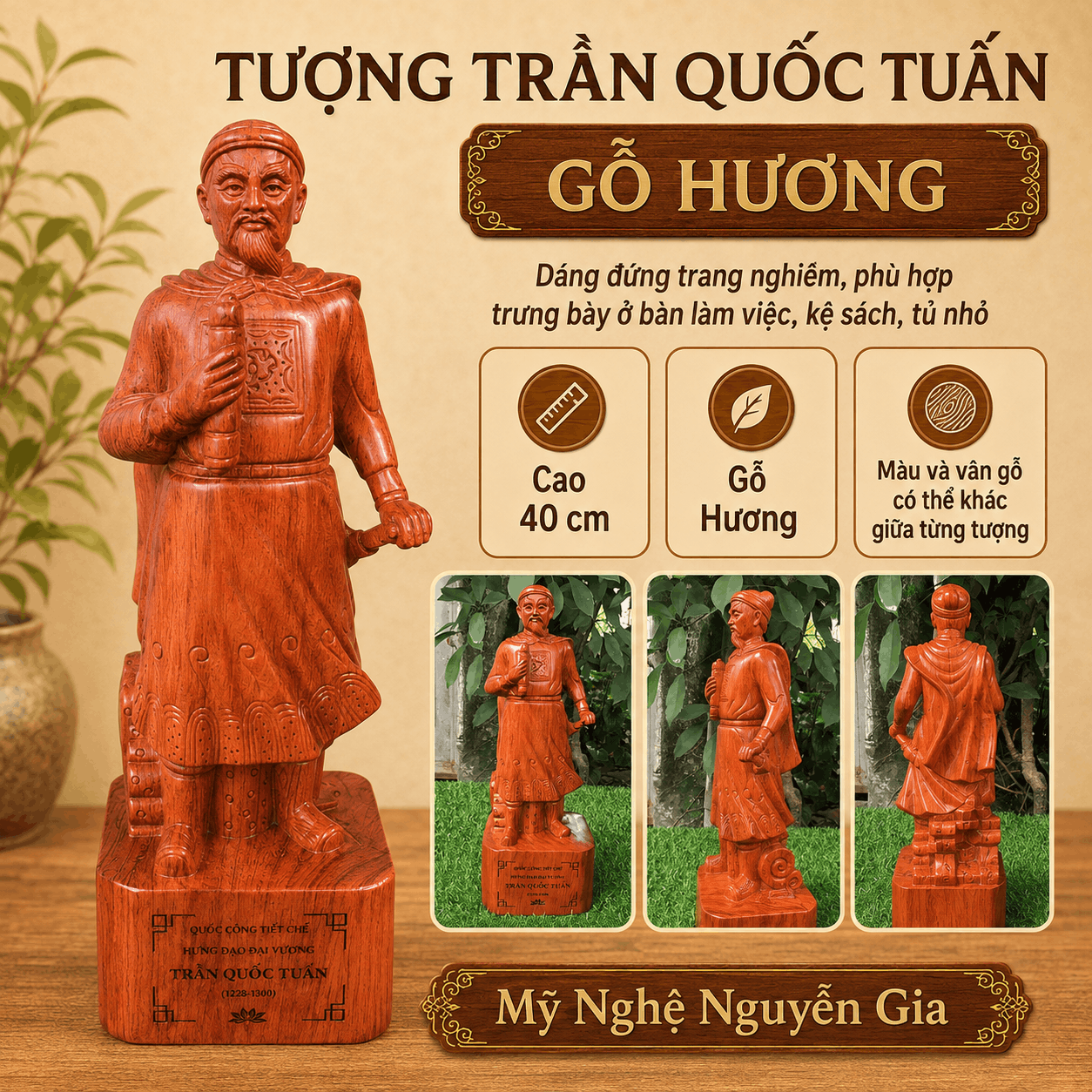 Tượng Trần Quốc Tuấn gỗ Hương cao 40 cm