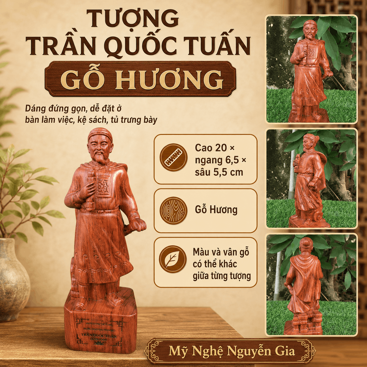 Tượng Trần Quốc Tuấn gỗ Hương cao 20 cm