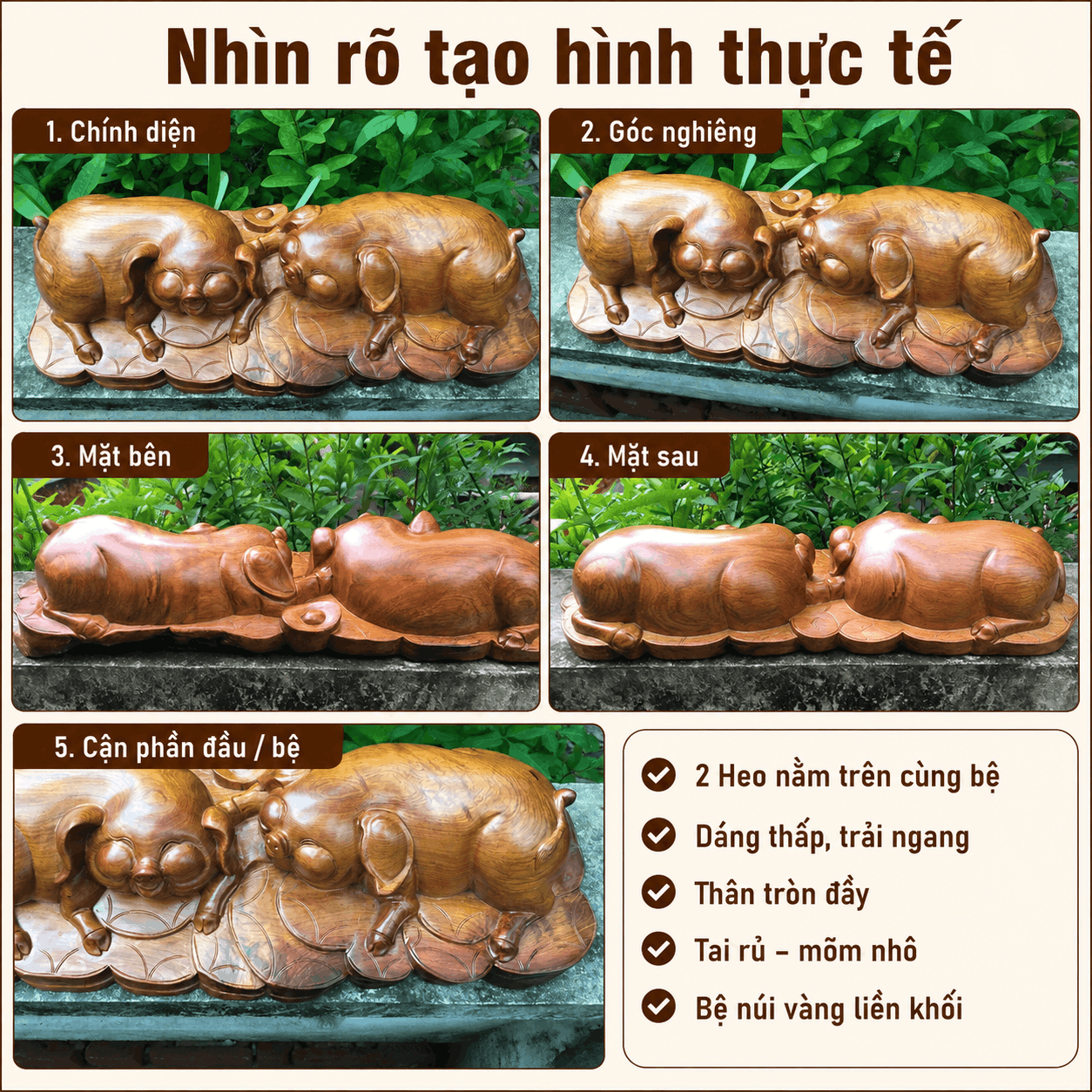 Tượng Đôi Heo Nằm Núi Vàng Gỗ Hương Nguyên Khối 62 × 22 × 12 cm – Độc Bản