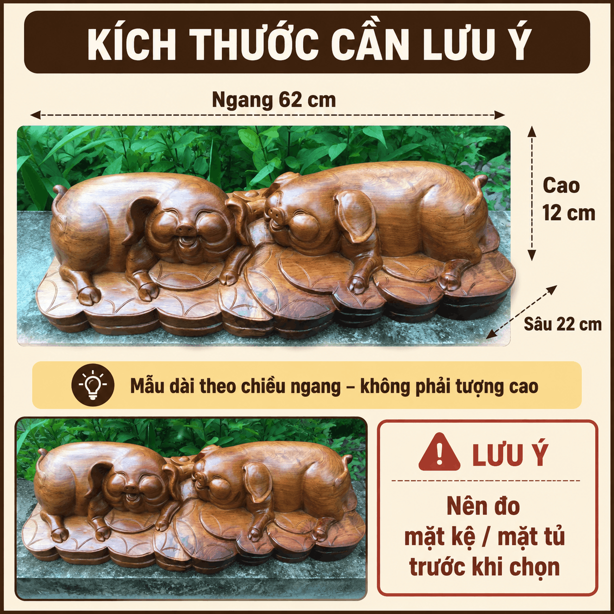 Tượng Đôi Heo Nằm Núi Vàng Gỗ Hương Nguyên Khối 62 × 22 × 12 cm – Độc Bản
