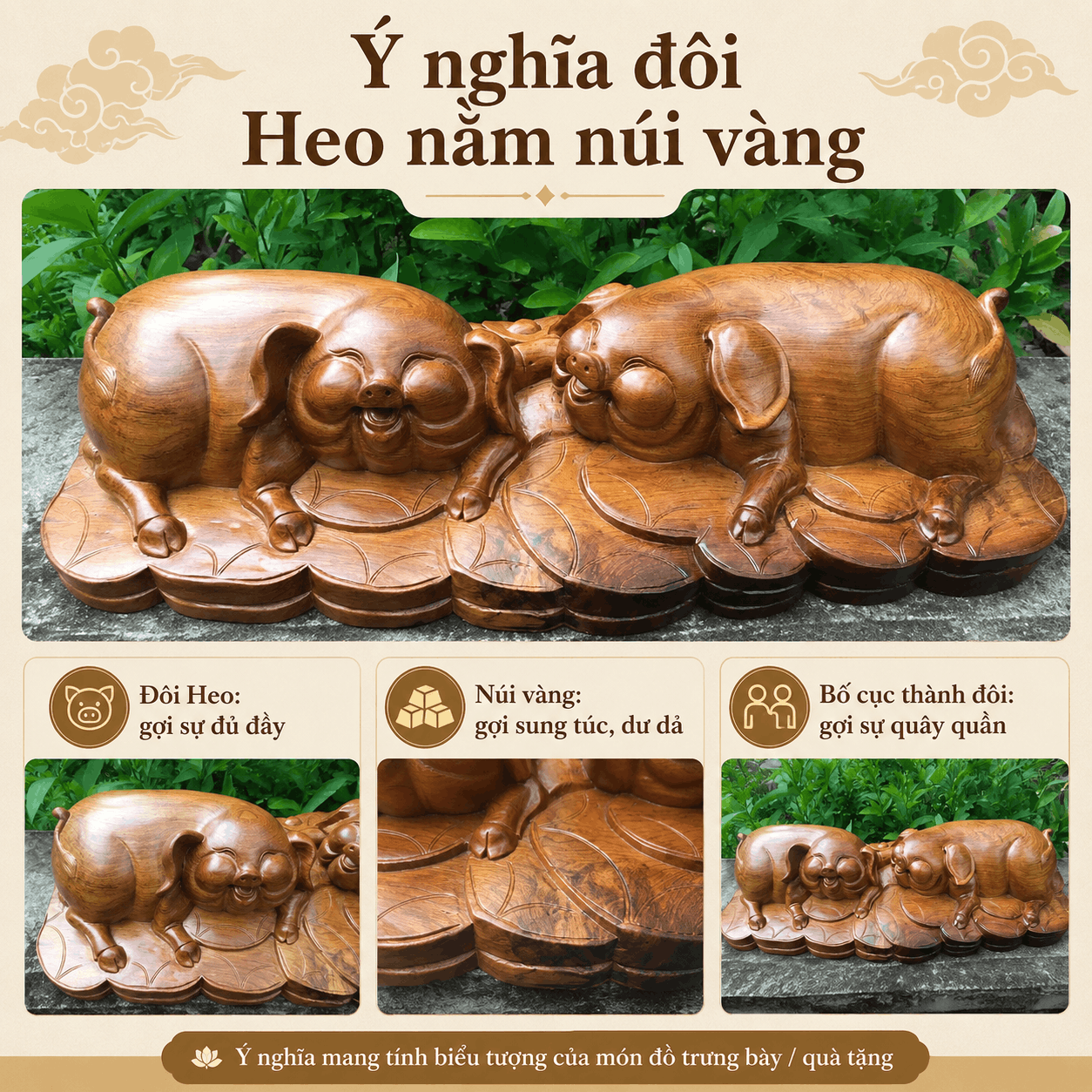 Tượng Đôi Heo Nằm Núi Vàng Gỗ Hương Nguyên Khối 62 × 22 × 12 cm – Độc Bản