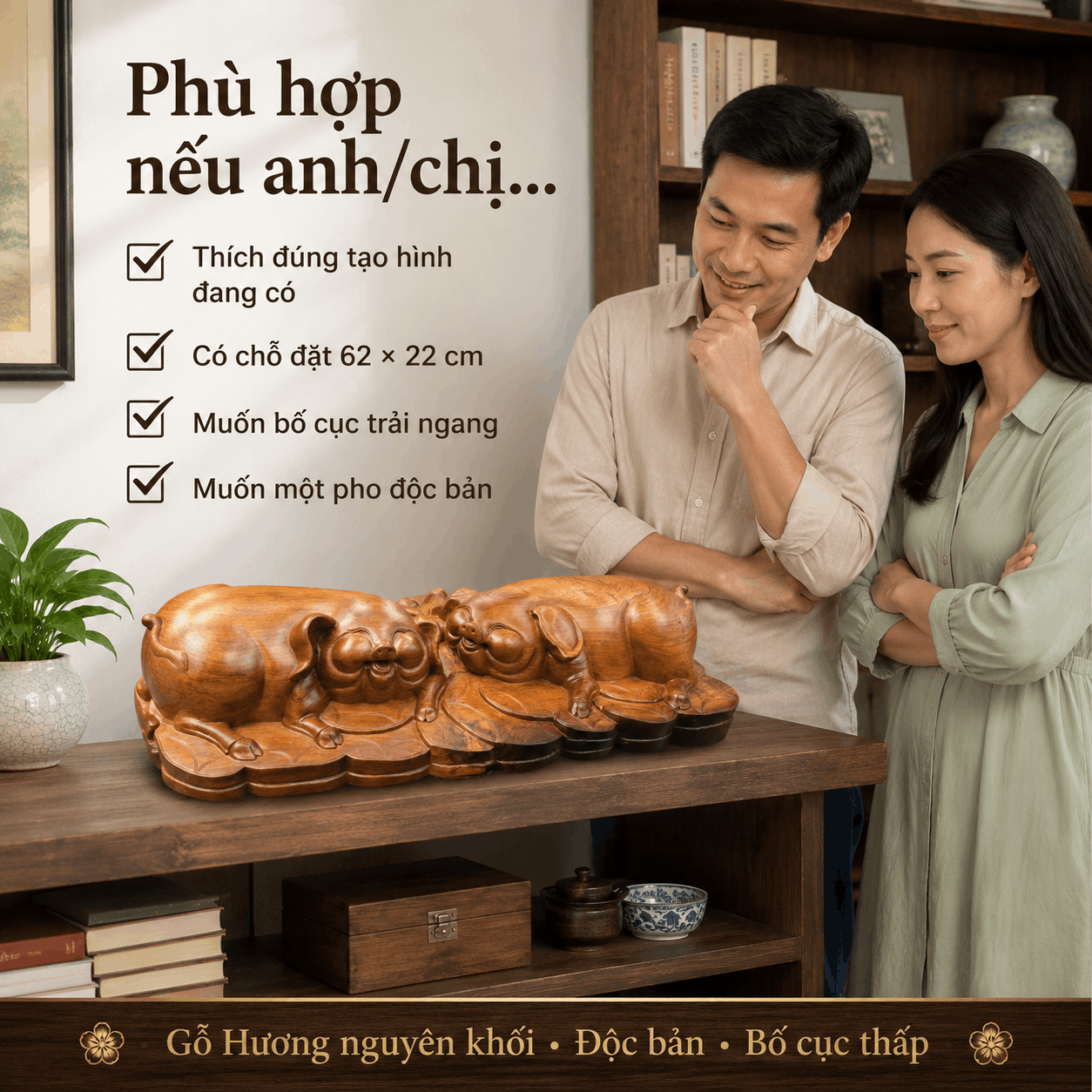 Tượng Đôi Heo Nằm Núi Vàng Gỗ Hương Nguyên Khối 62 × 22 × 12 cm – Độc Bản