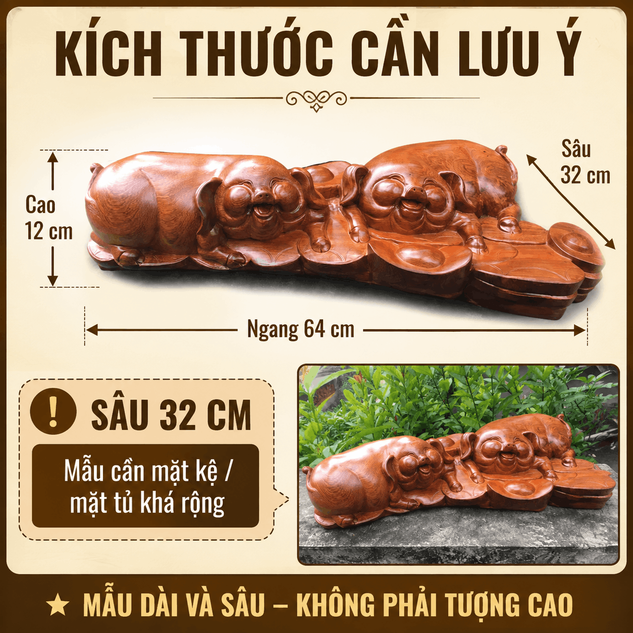 Tượng Đôi Heo Nằm Núi Vàng Gỗ Hương Nguyên Khối 64 × 32 × 12 cm – Độc Bản